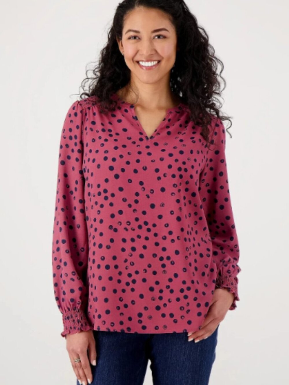 Belle by Kim Gravel Pearly Dot Split Neck Blouse-Fig-Small-NEW-A513095